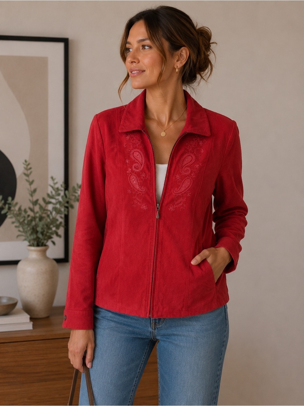 Northern Reflections Vibrant Red Embroidered Zip Up Jacket Size L Casual Fall